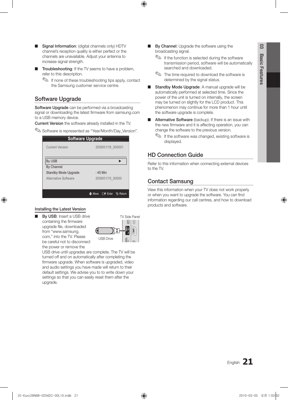 Software upgrade, Hd connection guide, Contact samsung | Samsung LE32C530F1W User Manual | Page 21 / 381