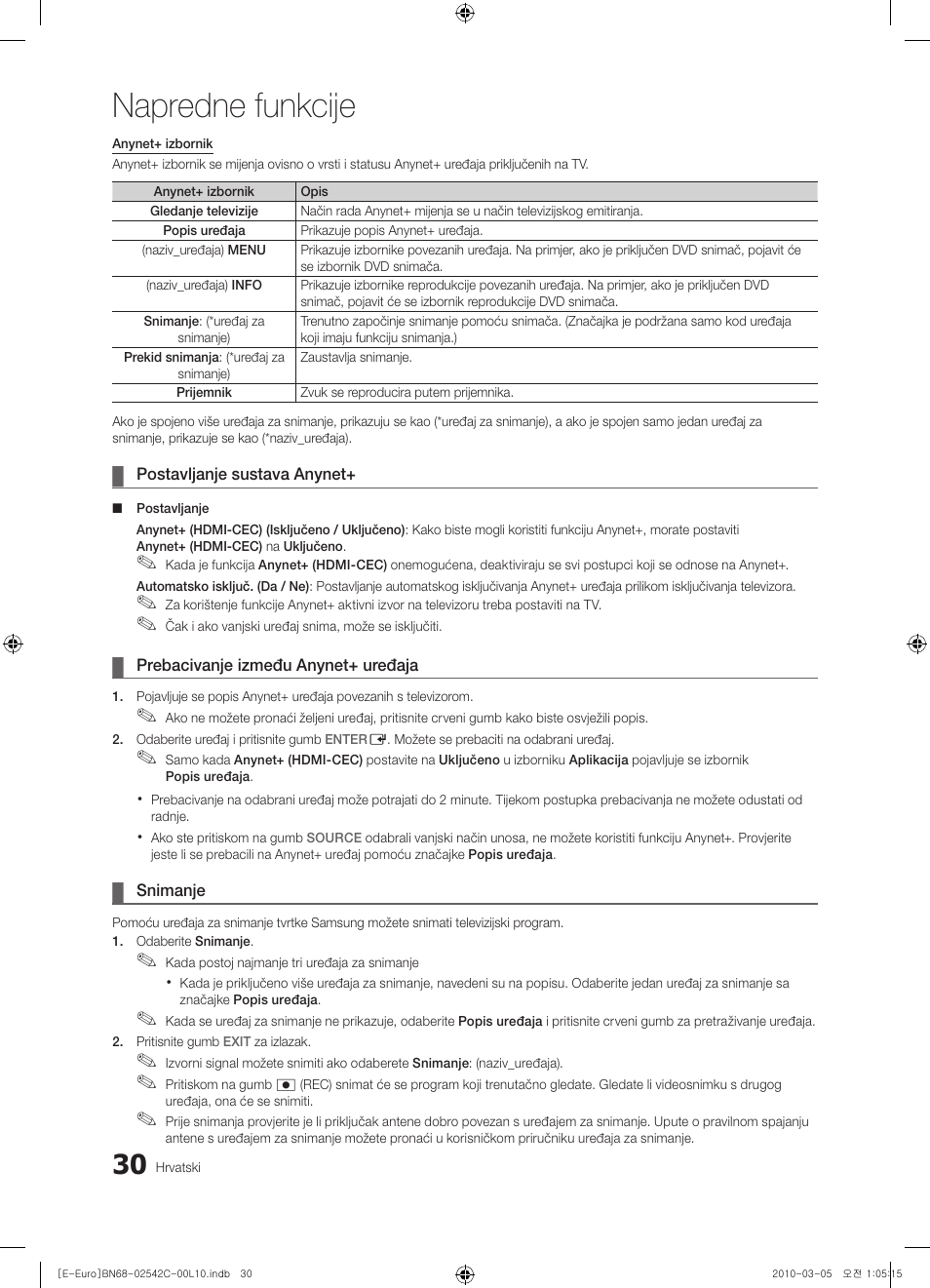Napredne funkcije | Samsung LE32C530F1W User Manual | Page 220 / 381