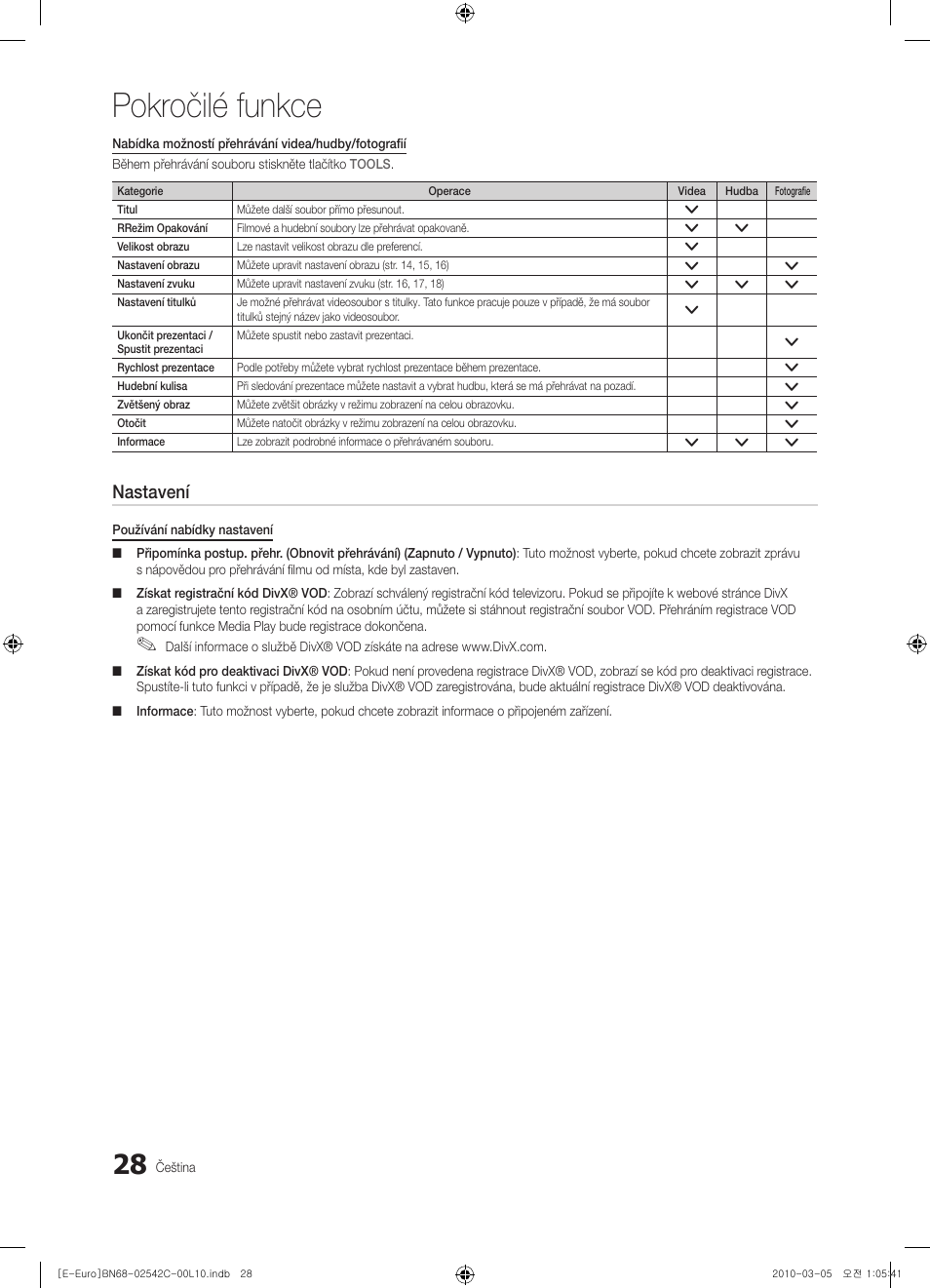 Pokročilé funkce, Nastavení | Samsung LE32C530F1W User Manual | Page 256 / 381