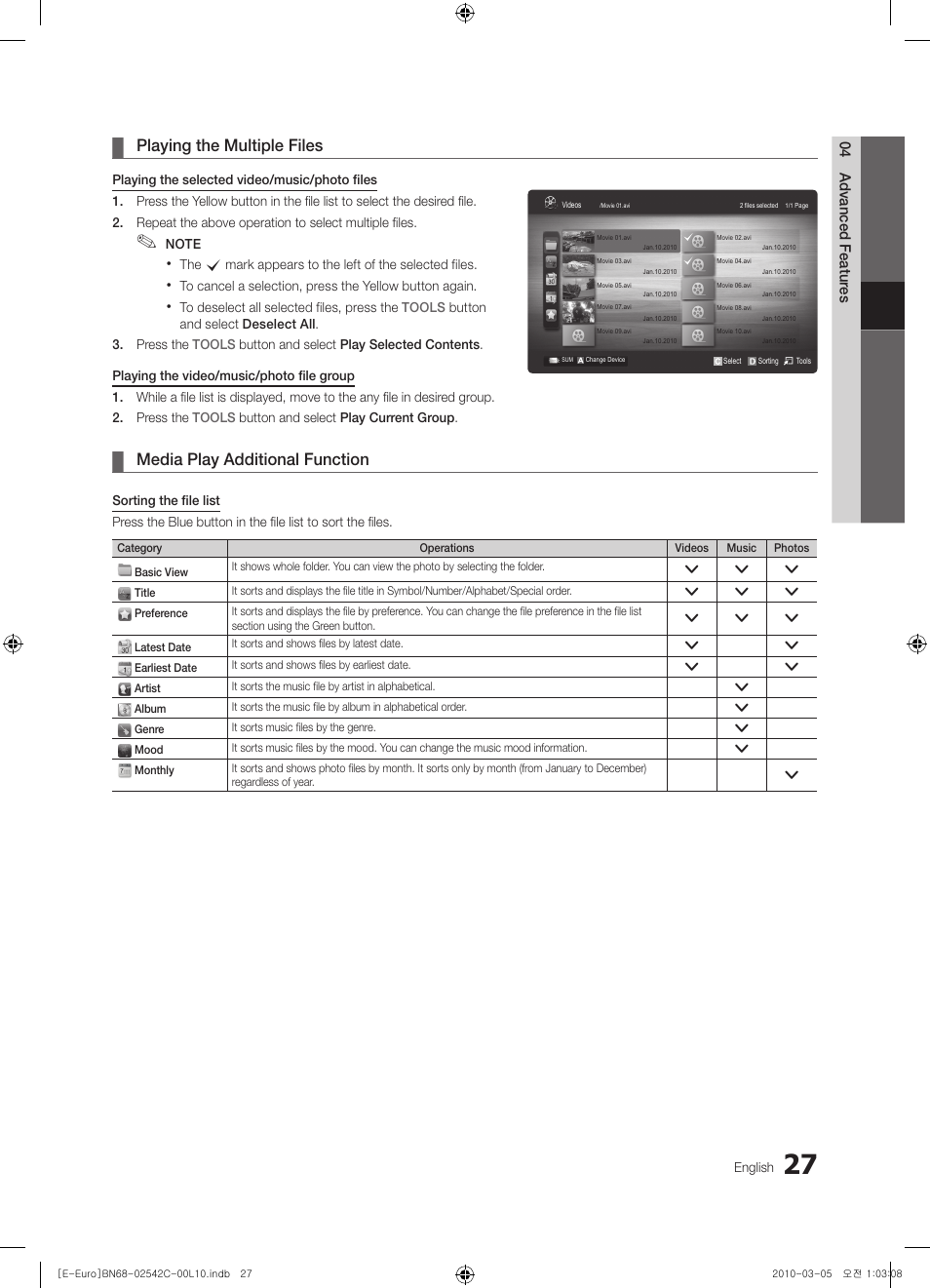 Playing the multiple files, Media play additional function | Samsung LE32C530F1W User Manual | Page 27 / 381