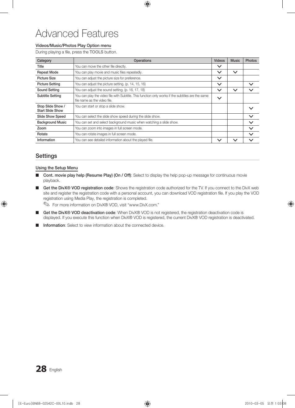 Advanced features, Settings | Samsung LE32C530F1W User Manual | Page 28 / 381