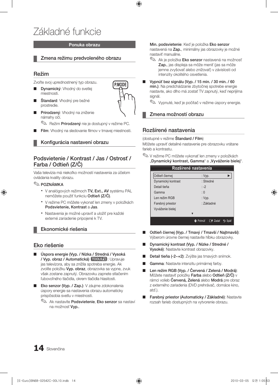 Základné funkcie, Režim, Eko riešenie | Rozšírené nastavenia | Samsung LE32C530F1W User Manual | Page 280 / 381