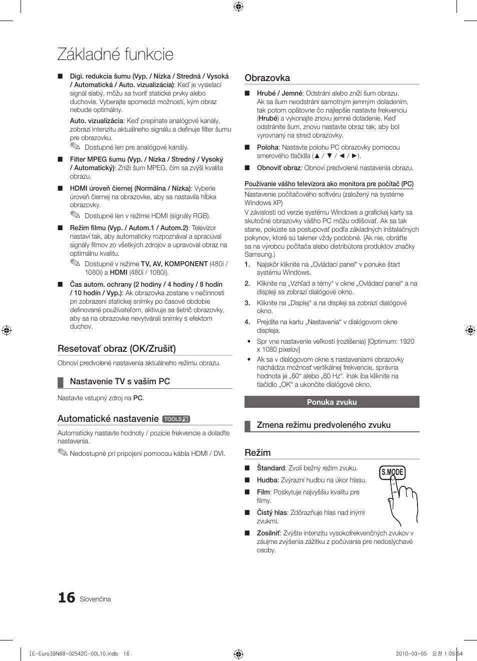 Základné funkcie, Resetovať obraz (ok/zrušiť), Automatické nastavenie | Obrazovka, Režim | Samsung LE32C530F1W User Manual | Page 282 / 381