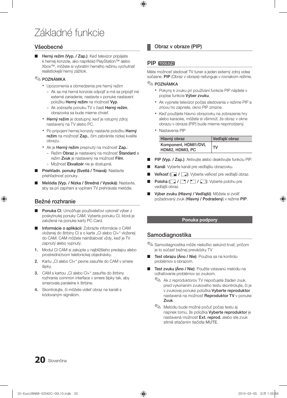 Základné funkcie, Všeobecné, Bežné rozhranie | Samodiagnostika | Samsung LE32C530F1W User Manual | Page 286 / 381
