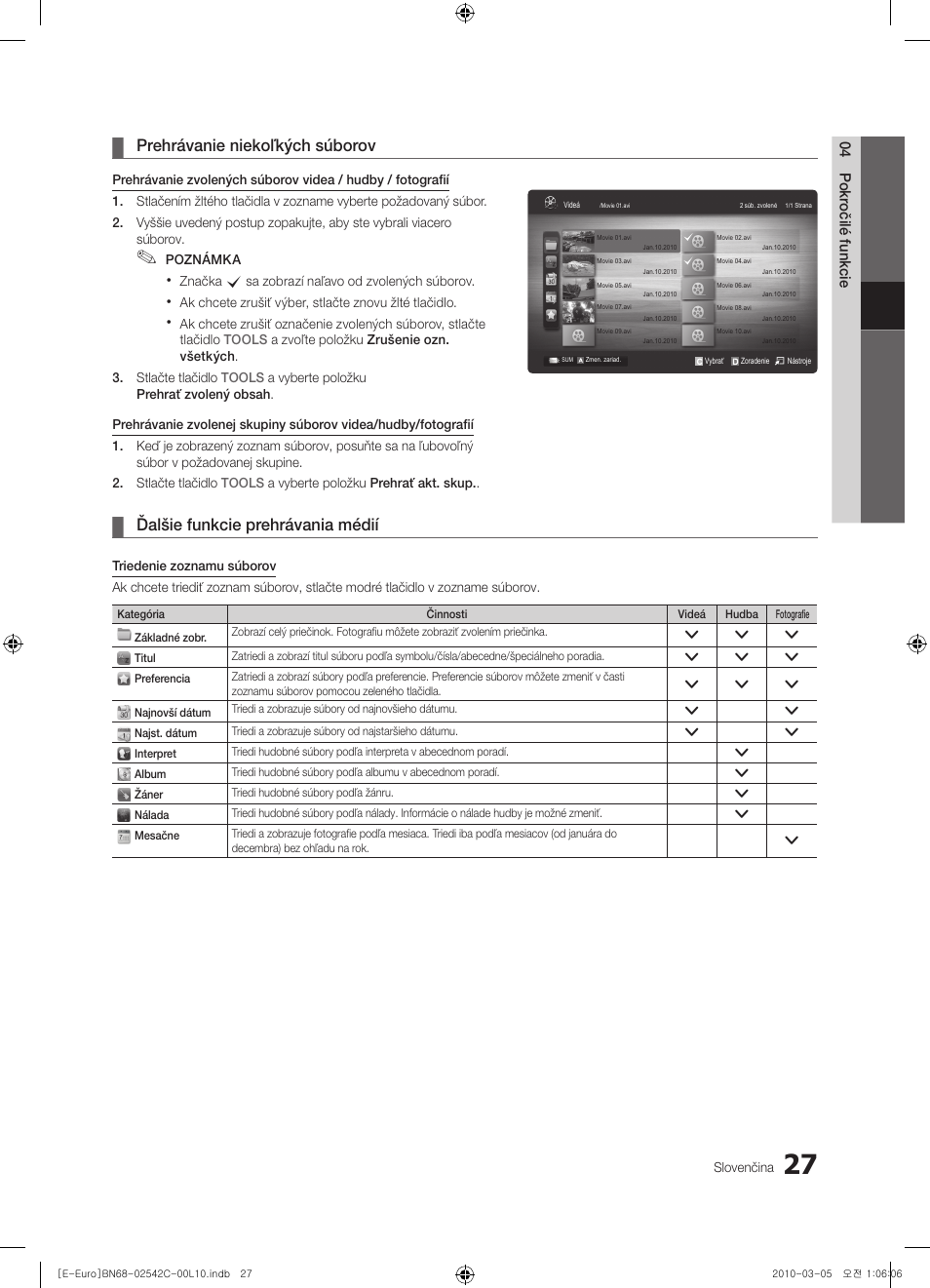Prehrávanie niekoľkých súborov, Ďalšie funkcie prehrávania médií | Samsung LE32C530F1W User Manual | Page 293 / 381