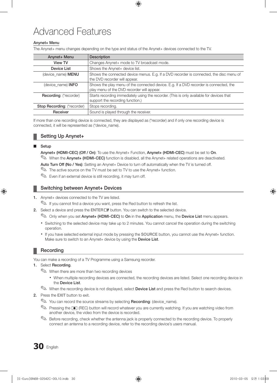 Advanced features | Samsung LE32C530F1W User Manual | Page 30 / 381