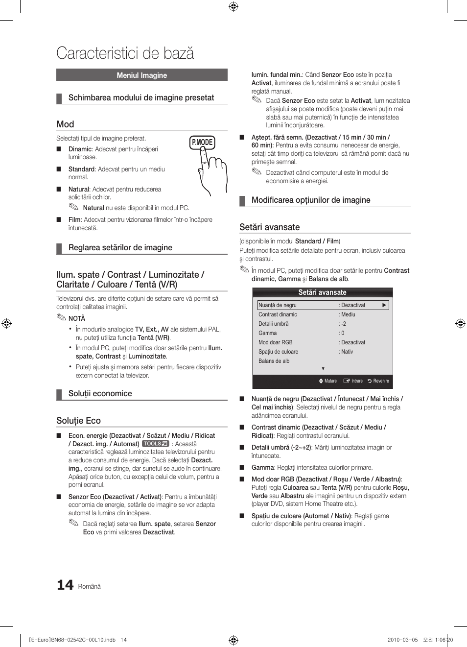 Caracteristici de bază, Soluţie eco, Setări avansate | Samsung LE32C530F1W User Manual | Page 318 / 381