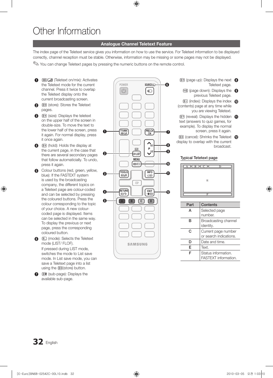 Other information, Analogue channel teletext feature | Samsung LE32C530F1W User Manual | Page 32 / 381