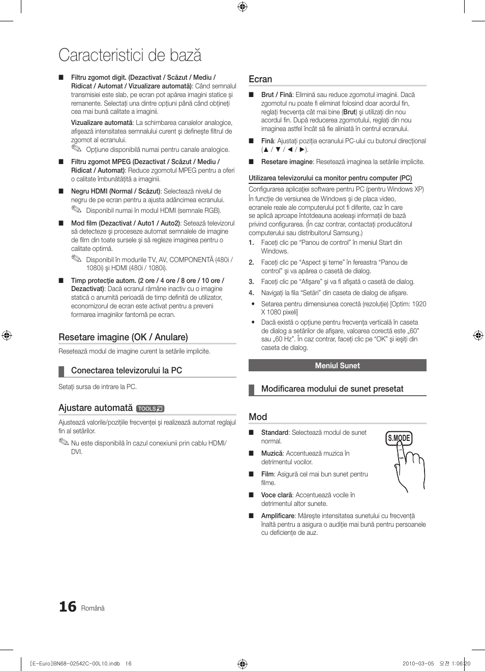 Caracteristici de bază, Resetare imagine (ok / anulare), Ajustare automată | Ecran | Samsung LE32C530F1W User Manual | Page 320 / 381