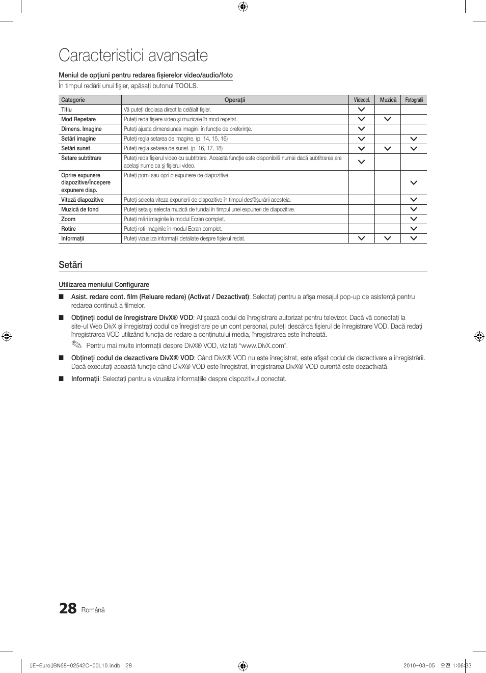 Caracteristici avansate, Setări | Samsung LE32C530F1W User Manual | Page 332 / 381