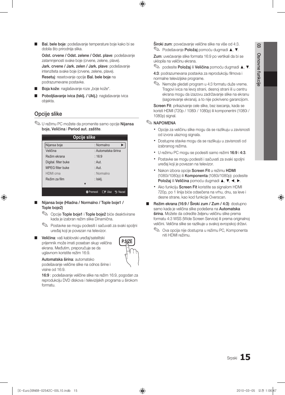 Opcije slike | Samsung LE32C530F1W User Manual | Page 357 / 381