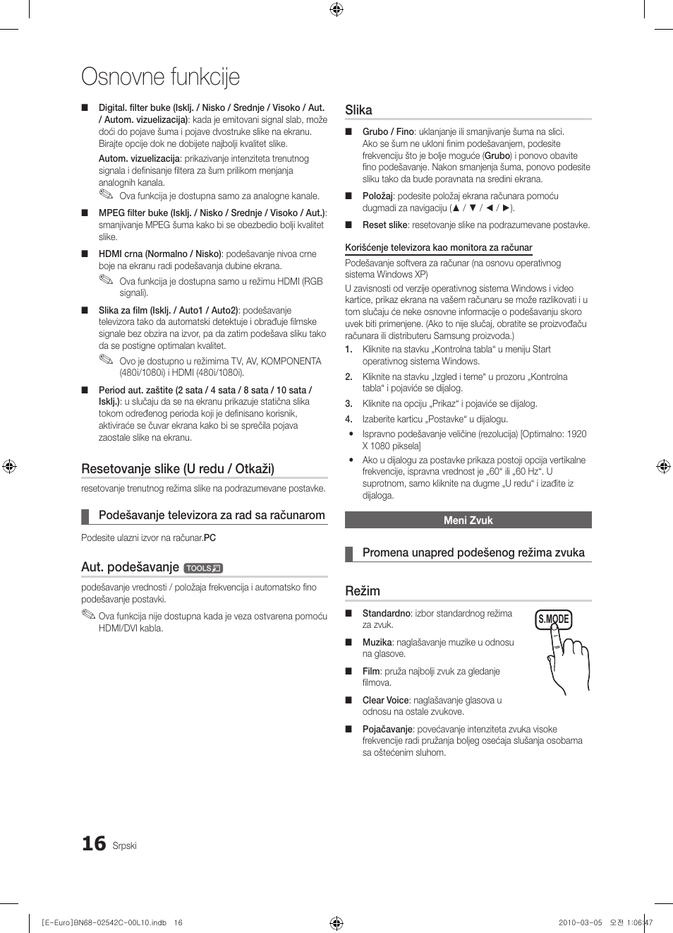 Osnovne funkcije, Resetovanje slike (u redu / otkaži), Aut. podešavanje | Slika, Režim | Samsung LE32C530F1W User Manual | Page 358 / 381