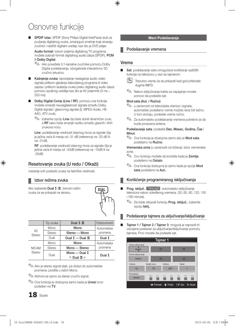 Osnovne funkcije, Resetovanje zvuka (u redu / otkaži), Vreme | Samsung LE32C530F1W User Manual | Page 360 / 381