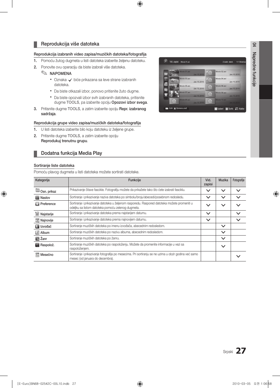 Reprodukcija više datoteka, Dodatna funkcija media play | Samsung LE32C530F1W User Manual | Page 369 / 381