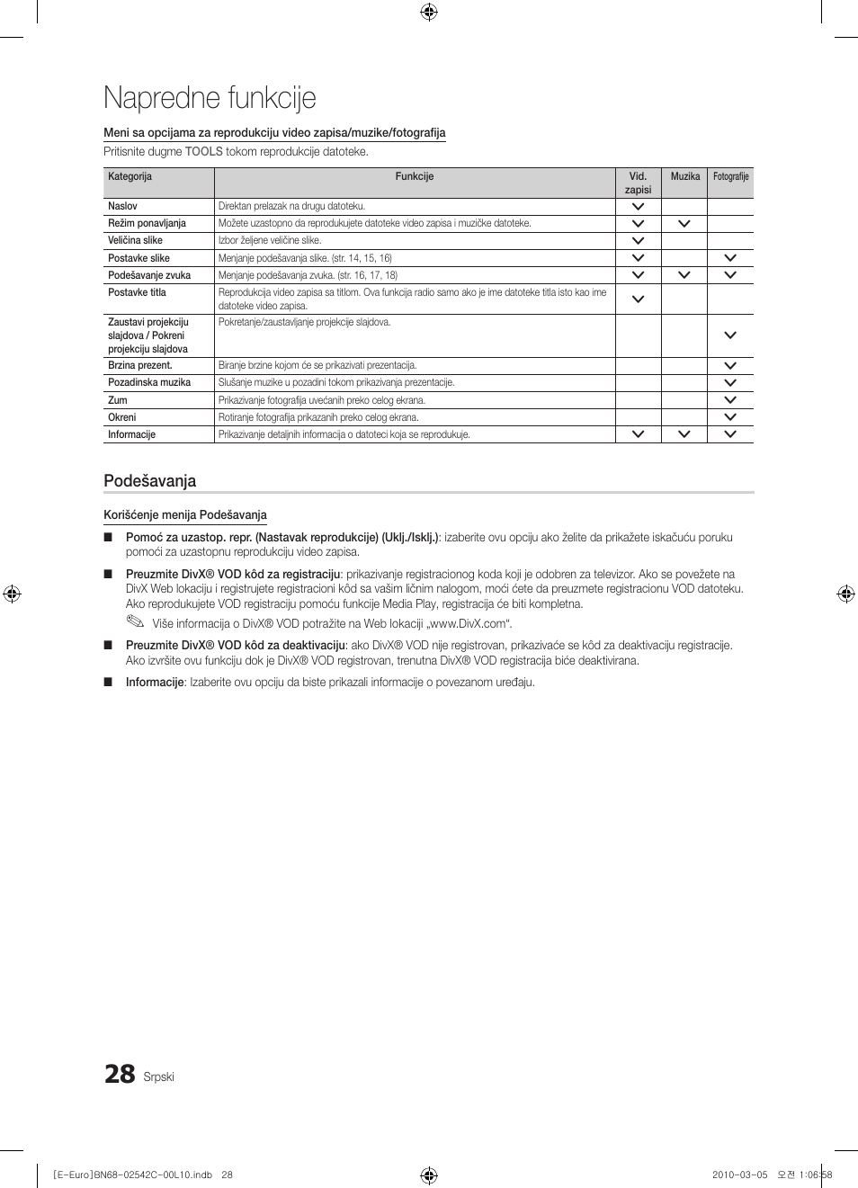 Napredne funkcije, Podešavanja | Samsung LE32C530F1W User Manual | Page 370 / 381