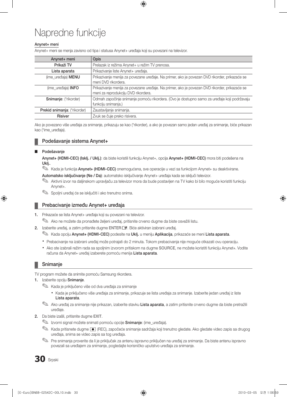 Napredne funkcije | Samsung LE32C530F1W User Manual | Page 372 / 381