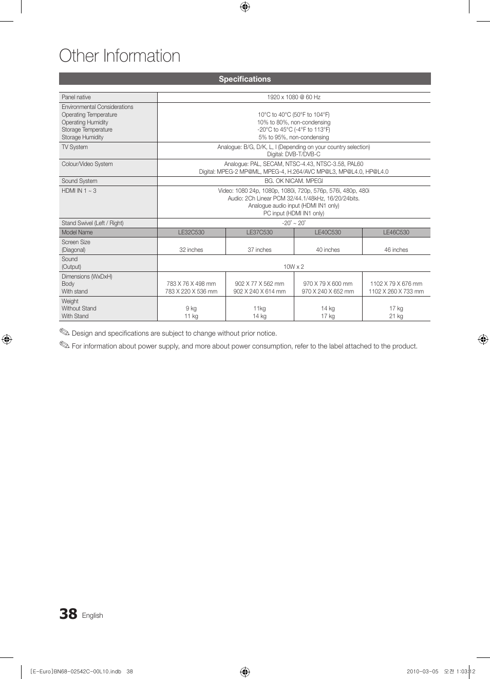 Specifications, Other information | Samsung LE32C530F1W User Manual | Page 38 / 381