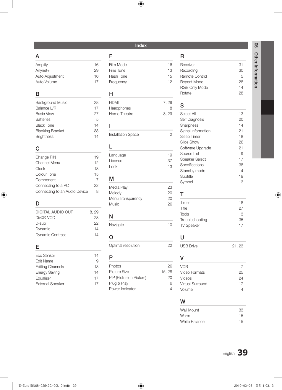Index | Samsung LE32C530F1W User Manual | Page 39 / 381