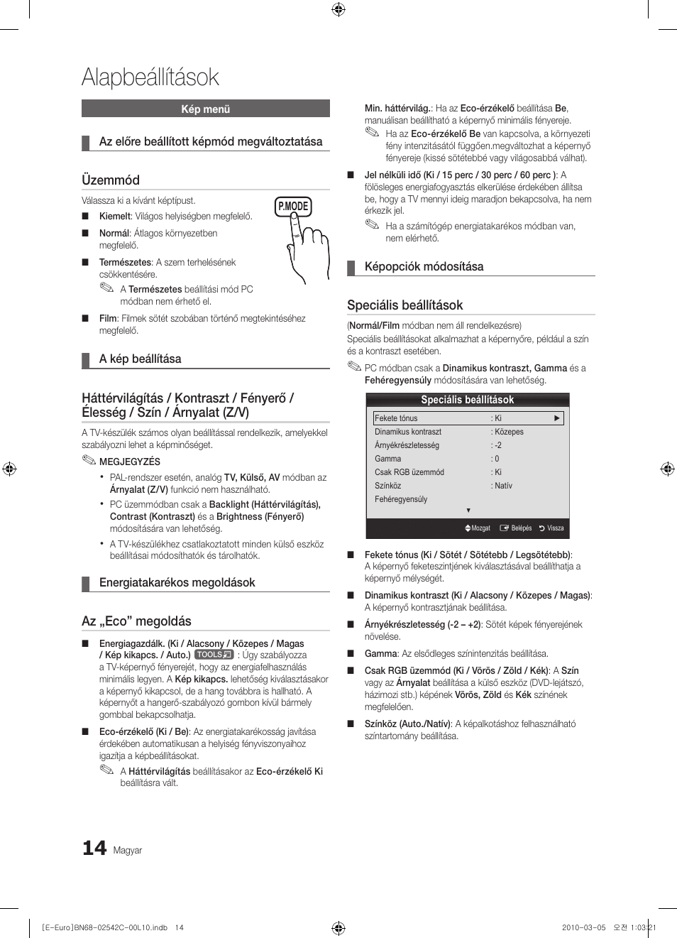 Alapbeállítások, Üzemmód, Az „eco” megoldás | Speciális beállítások | Samsung LE32C530F1W User Manual | Page 52 / 381