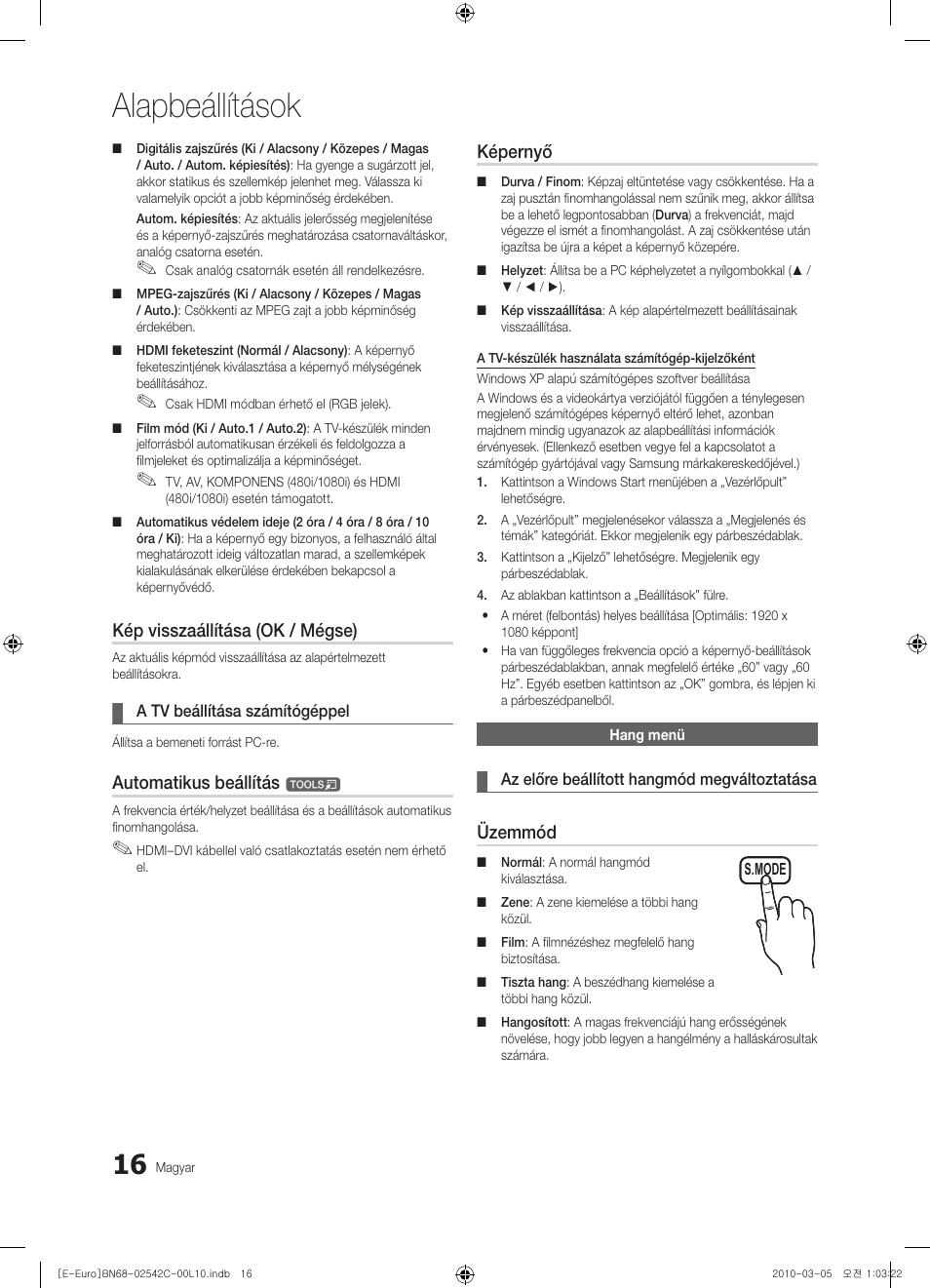 Alapbeállítások, Kép visszaállítása (ok / mégse), Automatikus beállítás | Képernyő, Üzemmód | Samsung LE32C530F1W User Manual | Page 54 / 381