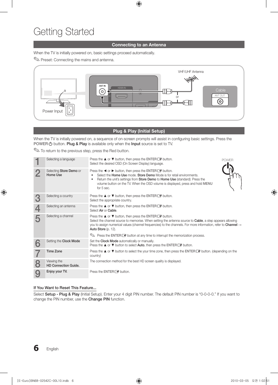 Connecting to an antenna, Plug & play (initial setup), Getting started | Samsung LE32C530F1W User Manual | Page 6 / 381