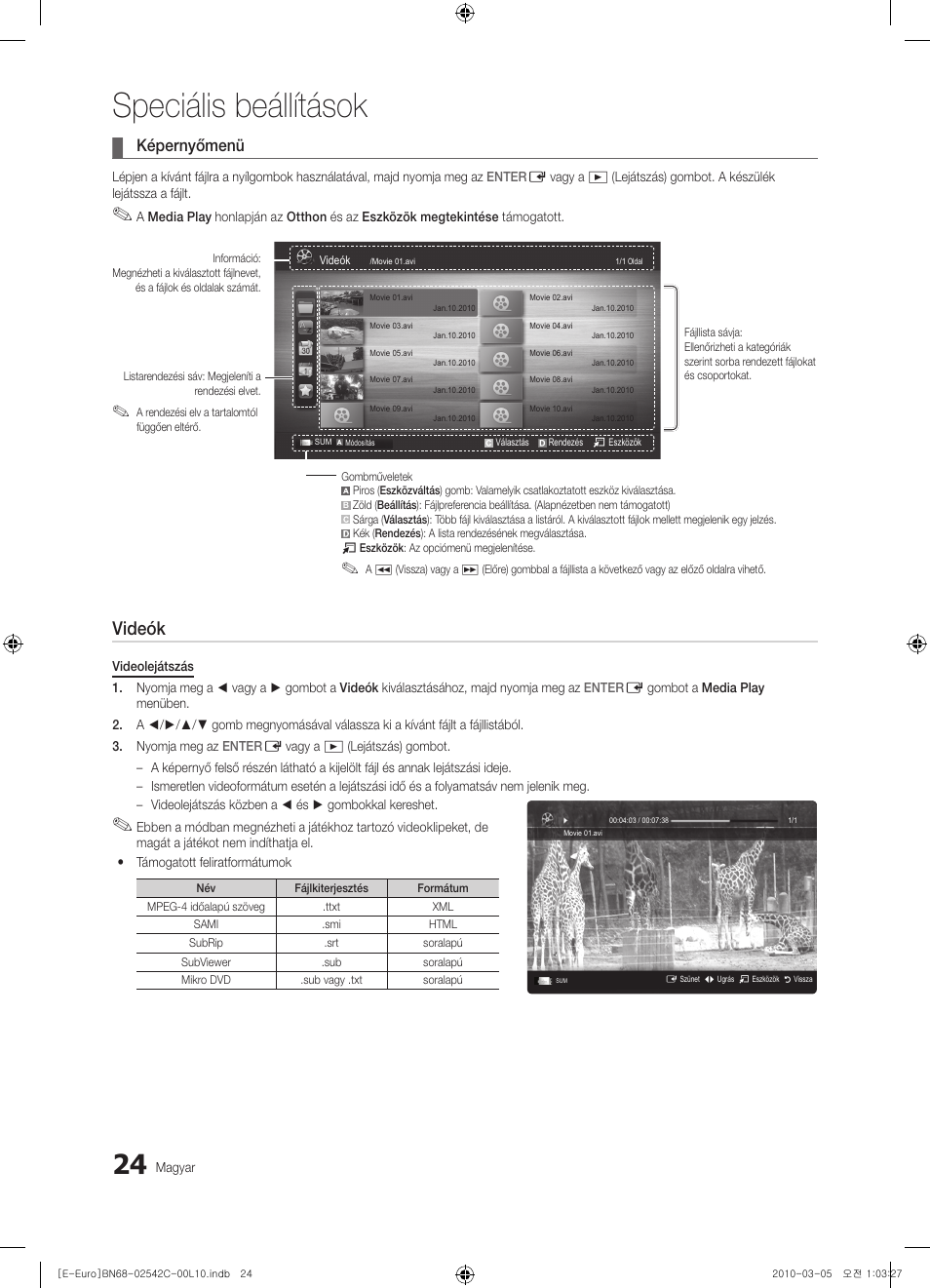 Speciális beállítások, Videók, Képernyőmenü | Samsung LE32C530F1W User Manual | Page 62 / 381