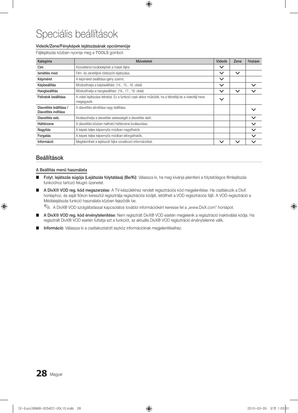 Speciális beállítások, Beállítások | Samsung LE32C530F1W User Manual | Page 66 / 381