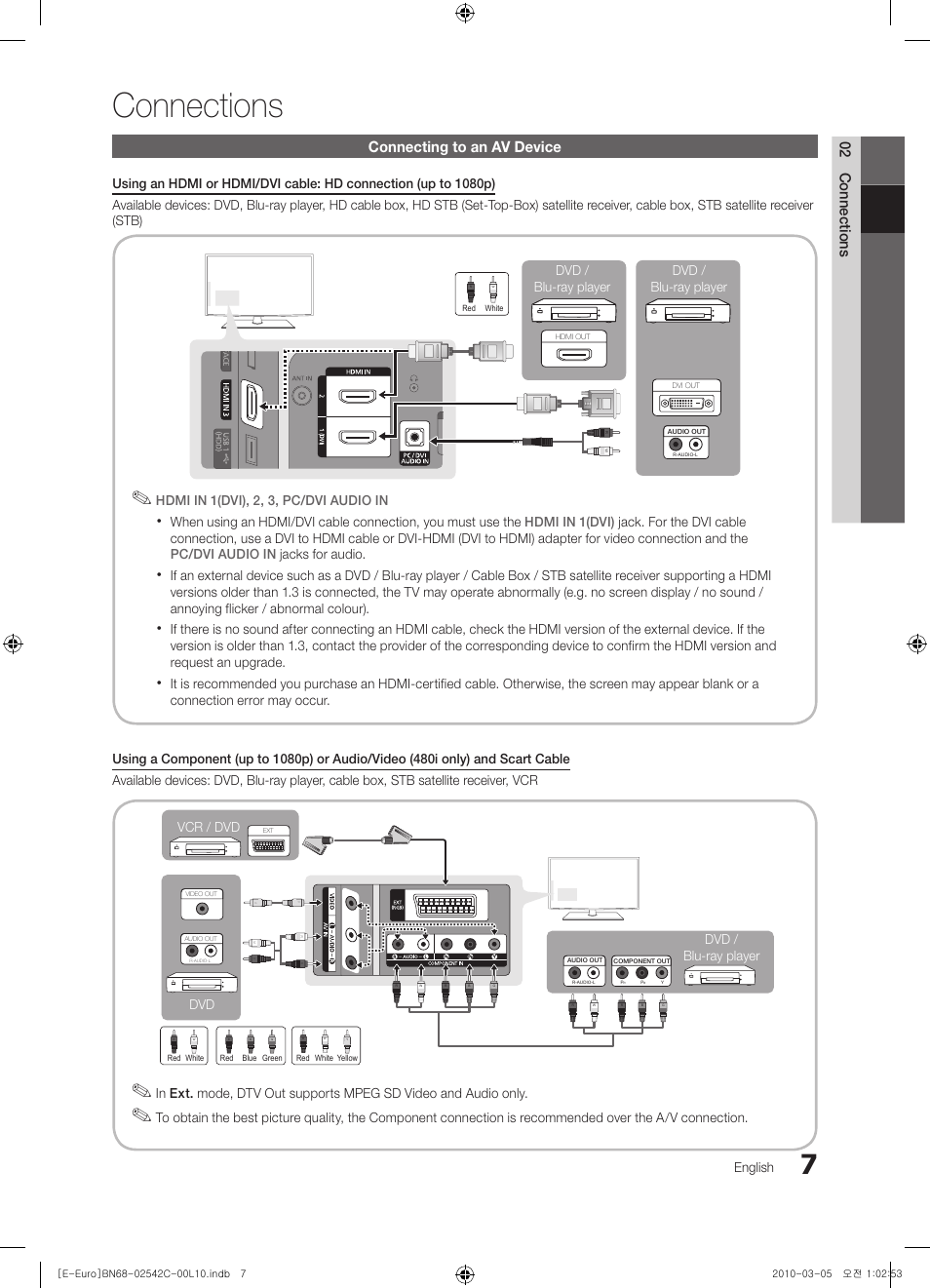 Connections, Connecting to an av device, 02 connections | Samsung LE32C530F1W User Manual | Page 7 / 381