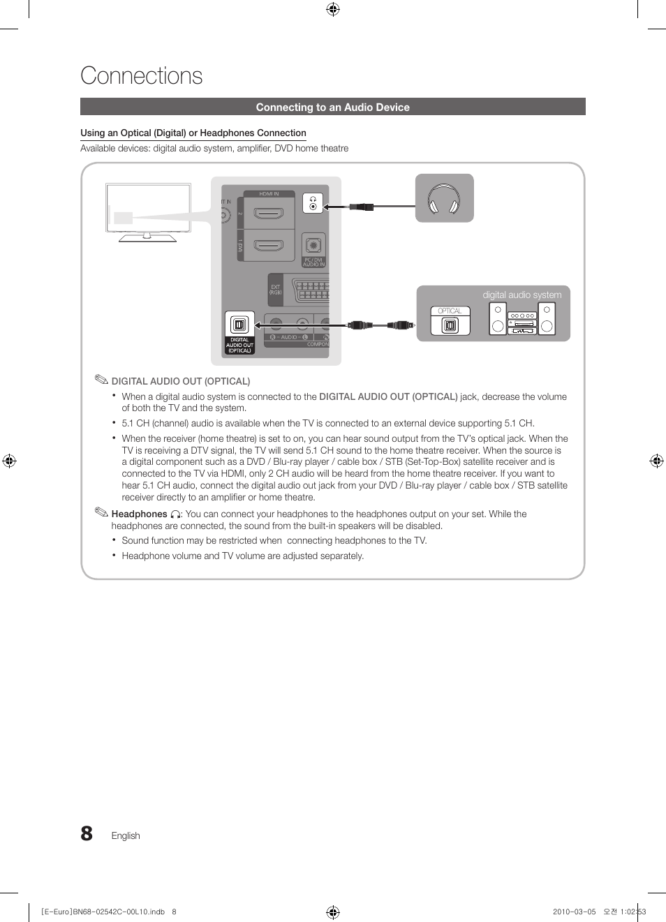 Connecting to an audio device, Connections | Samsung LE32C530F1W User Manual | Page 8 / 381