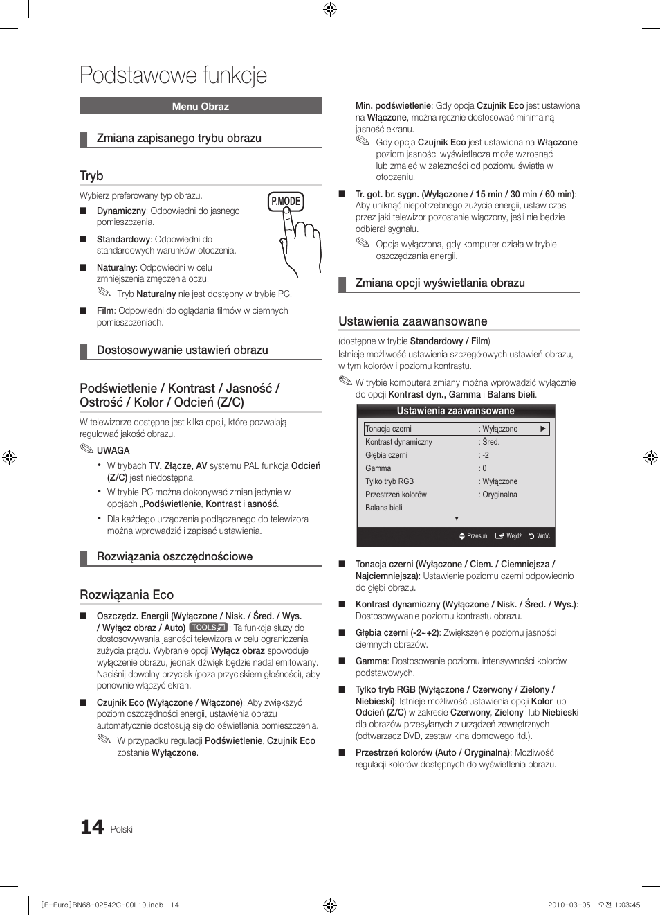 Podstawowe funkcje, Tryb, Rozwiązania eco | Ustawienia zaawansowane | Samsung LE32C530F1W User Manual | Page 90 / 381