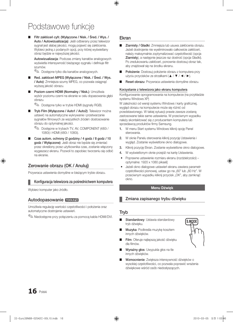 Podstawowe funkcje, Zerowanie obrazu (ok / anuluj), Autodopasowanie | Ekran, Tryb | Samsung LE32C530F1W User Manual | Page 92 / 381