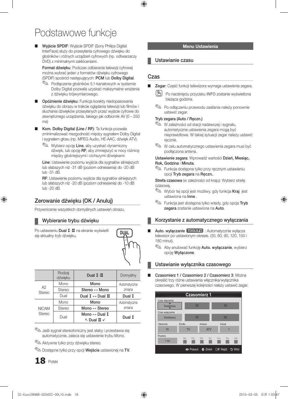 Podstawowe funkcje, Zerowanie dźwięku (ok / anuluj), Czas | Samsung LE32C530F1W User Manual | Page 94 / 381