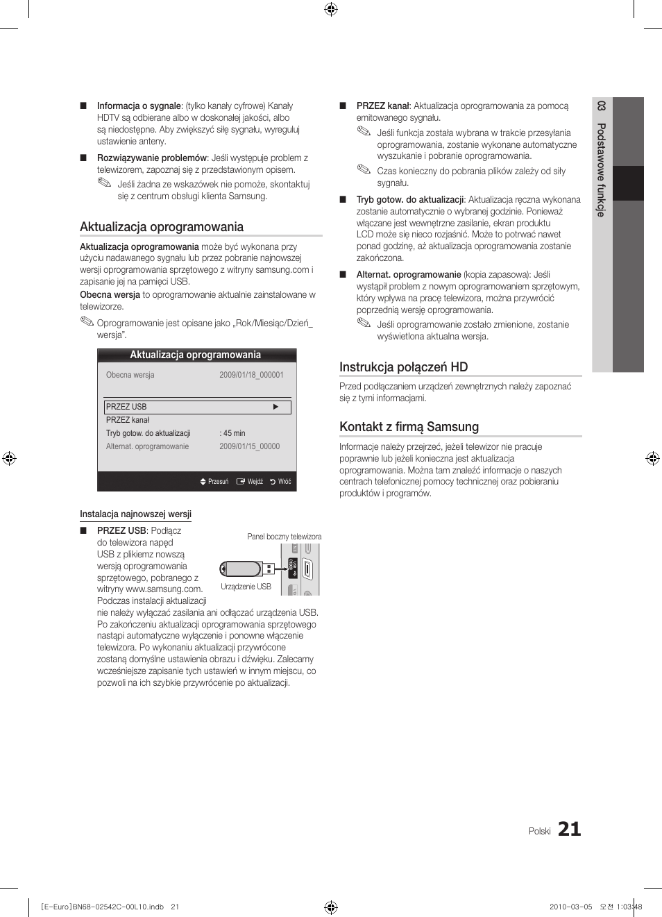 Aktualizacja oprogramowania, Instrukcja połączeń hd, Kontakt z firmą samsung | Samsung LE32C530F1W User Manual | Page 97 / 381