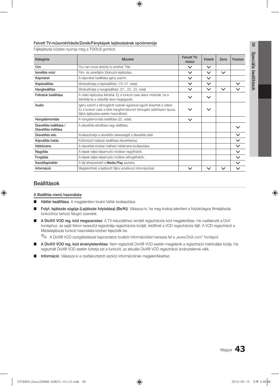 Beállítások | Samsung PS50C6900YW User Manual | Page 105 / 620