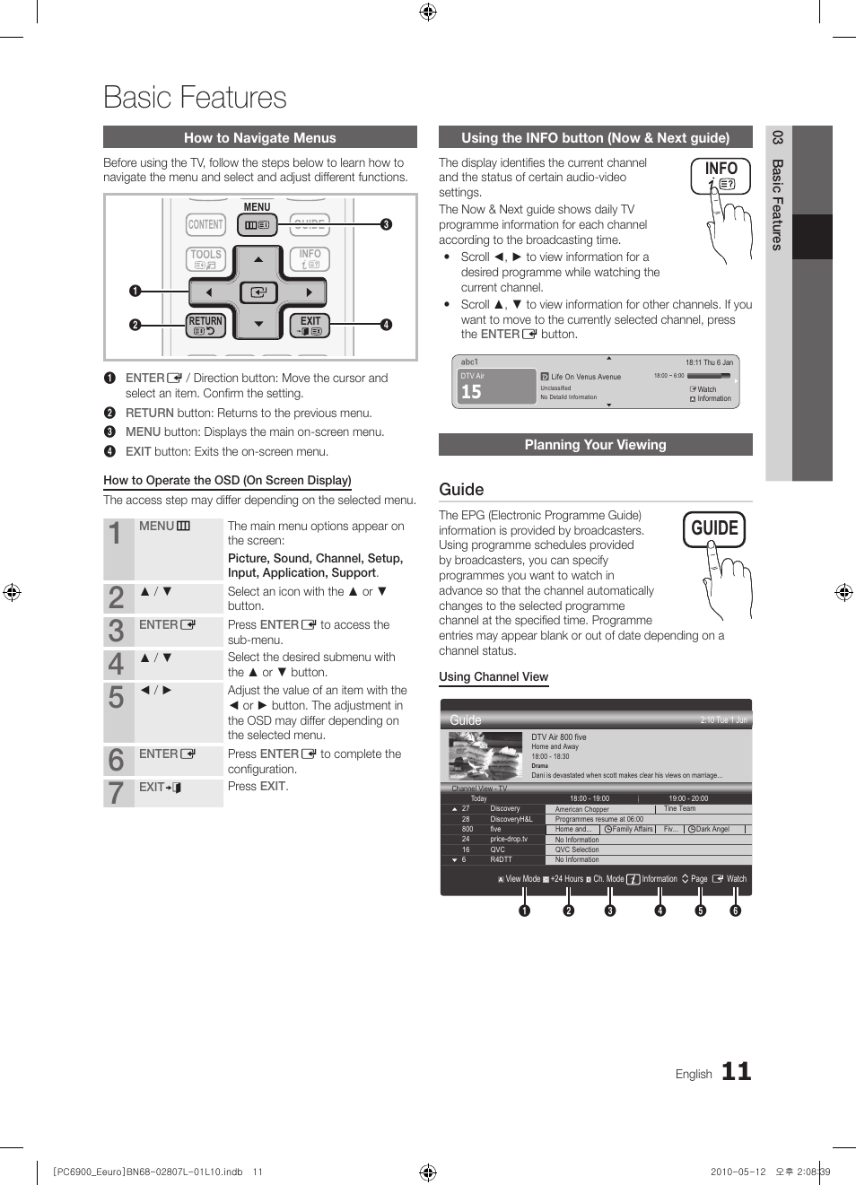 Basic features, Guide, Info | Samsung PS50C6900YW User Manual | Page 11 / 620