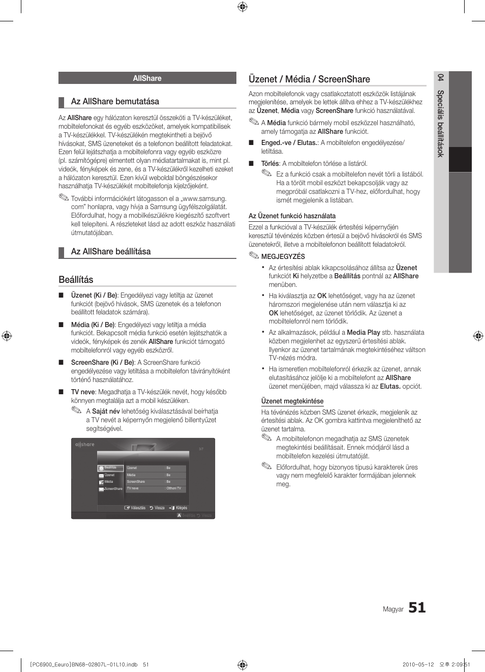 Beállítás, Üzenet / média / screenshare | Samsung PS50C6900YW User Manual | Page 113 / 620