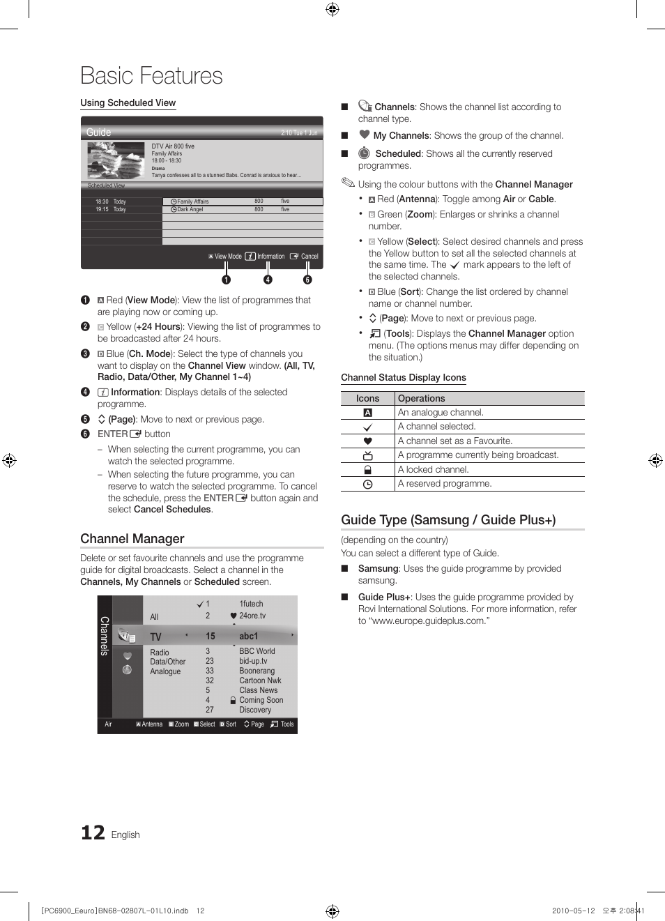 Basic features, Channel manager, Guide type (samsung / guide plus+) | Samsung PS50C6900YW User Manual | Page 12 / 620