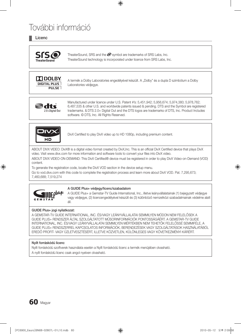 További információ | Samsung PS50C6900YW User Manual | Page 122 / 620