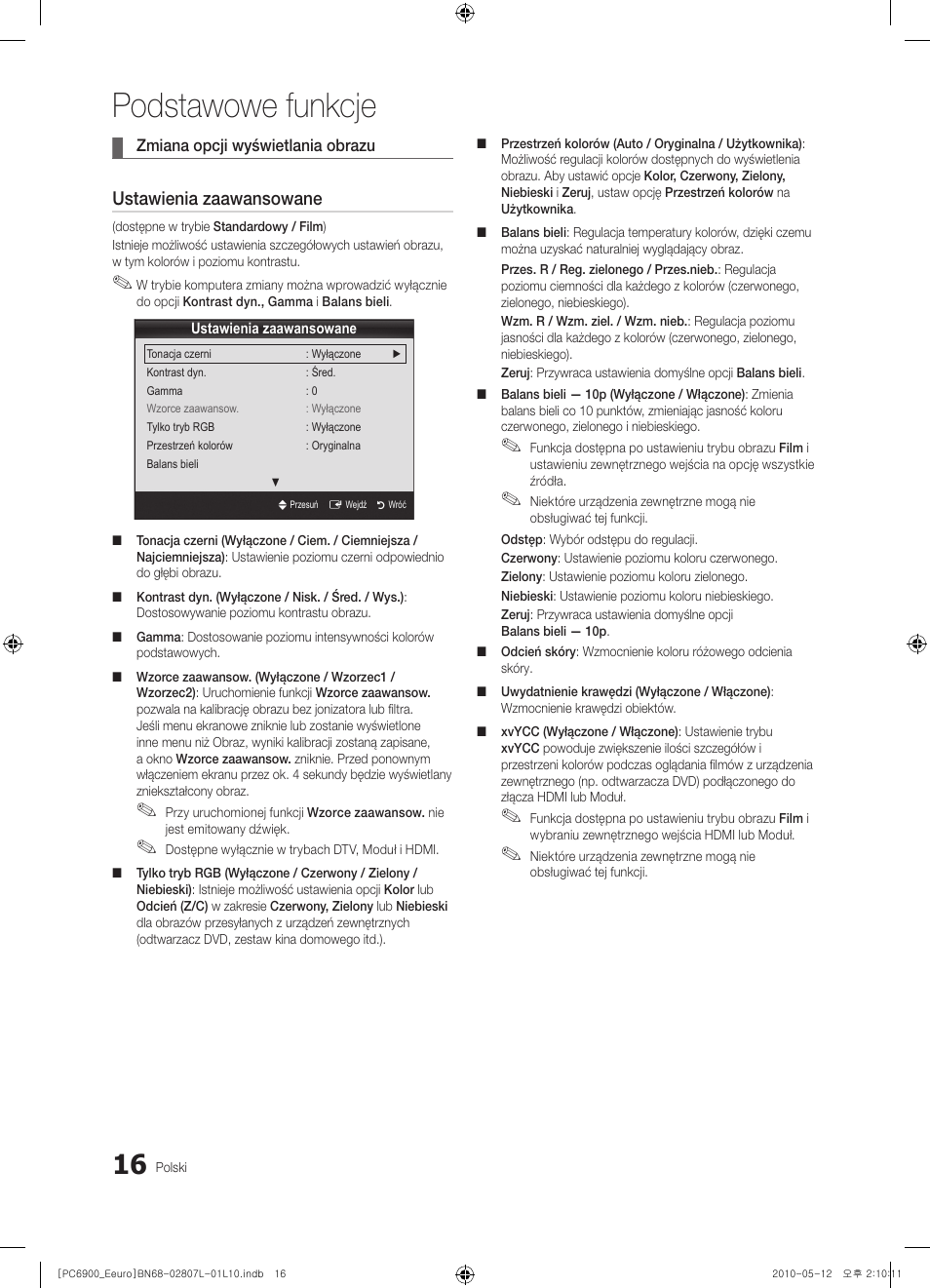 Podstawowe funkcje, Ustawienia zaawansowane | Samsung PS50C6900YW User Manual | Page 140 / 620
