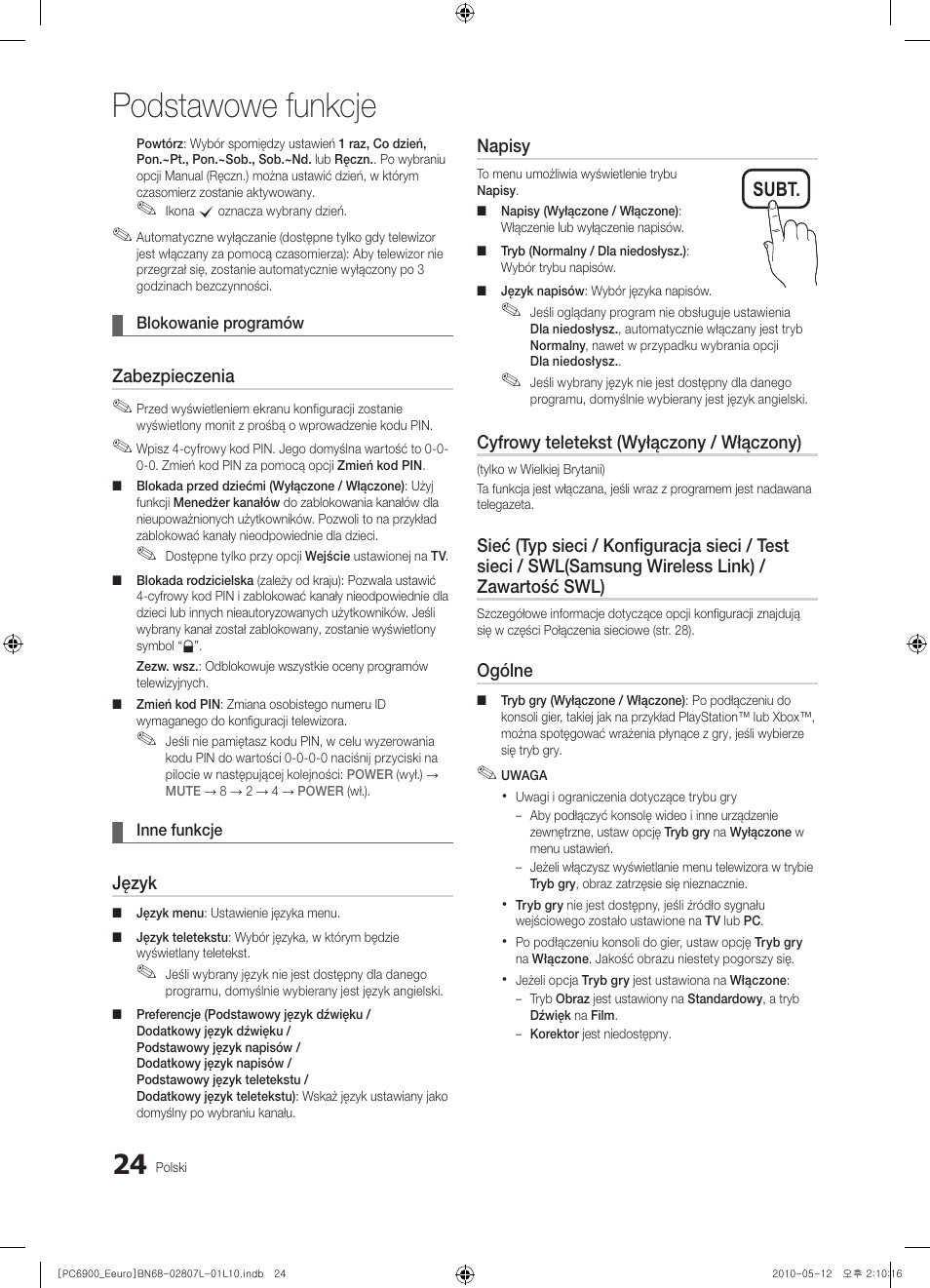 Podstawowe funkcje, Subt | Samsung PS50C6900YW User Manual | Page 148 / 620