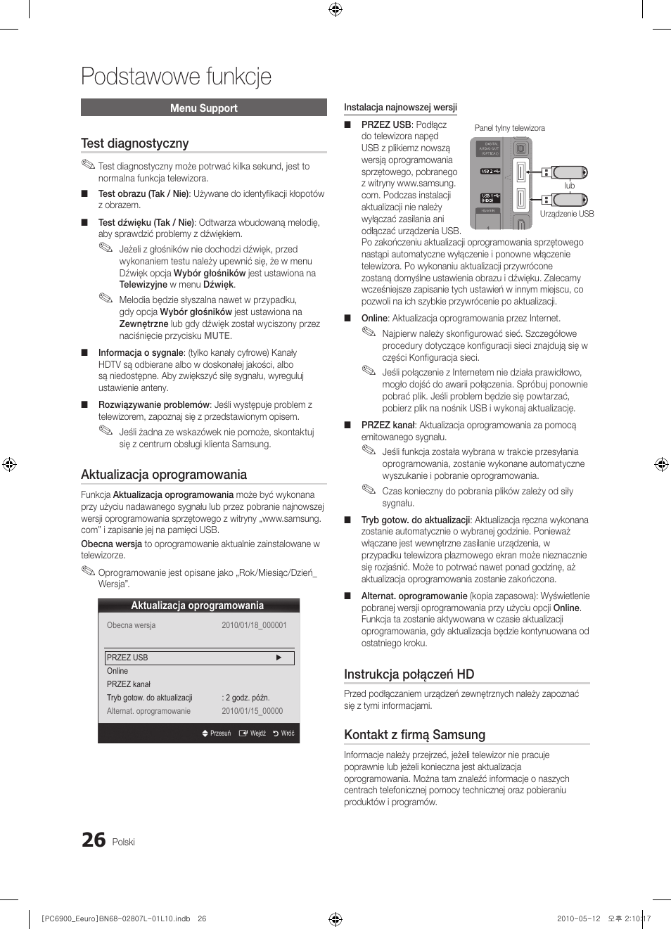 Podstawowe funkcje, Test diagnostyczny, Aktualizacja oprogramowania | Instrukcja połączeń hd, Kontakt z firmą samsung | Samsung PS50C6900YW User Manual | Page 150 / 620