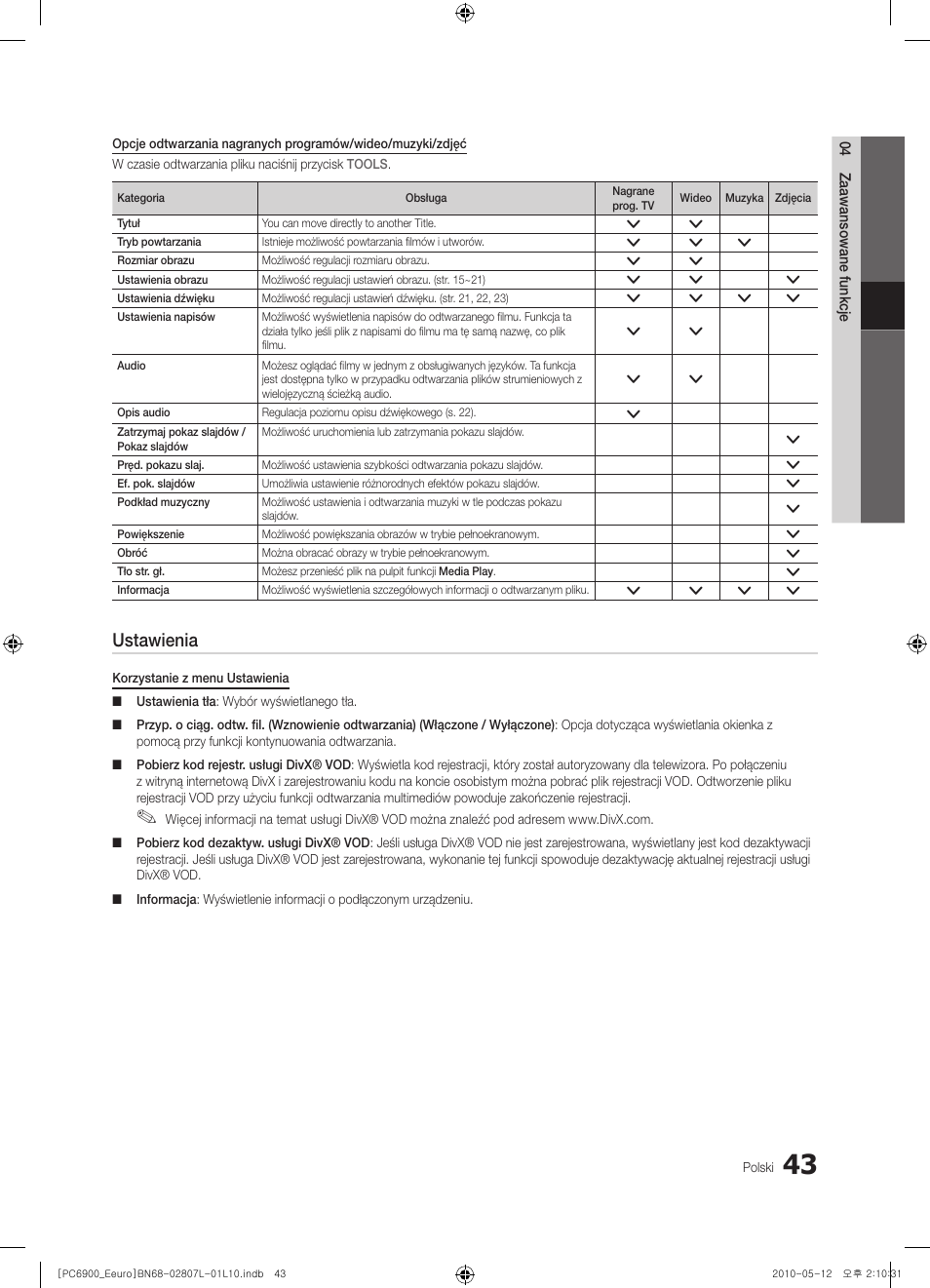 Ustawienia | Samsung PS50C6900YW User Manual | Page 167 / 620