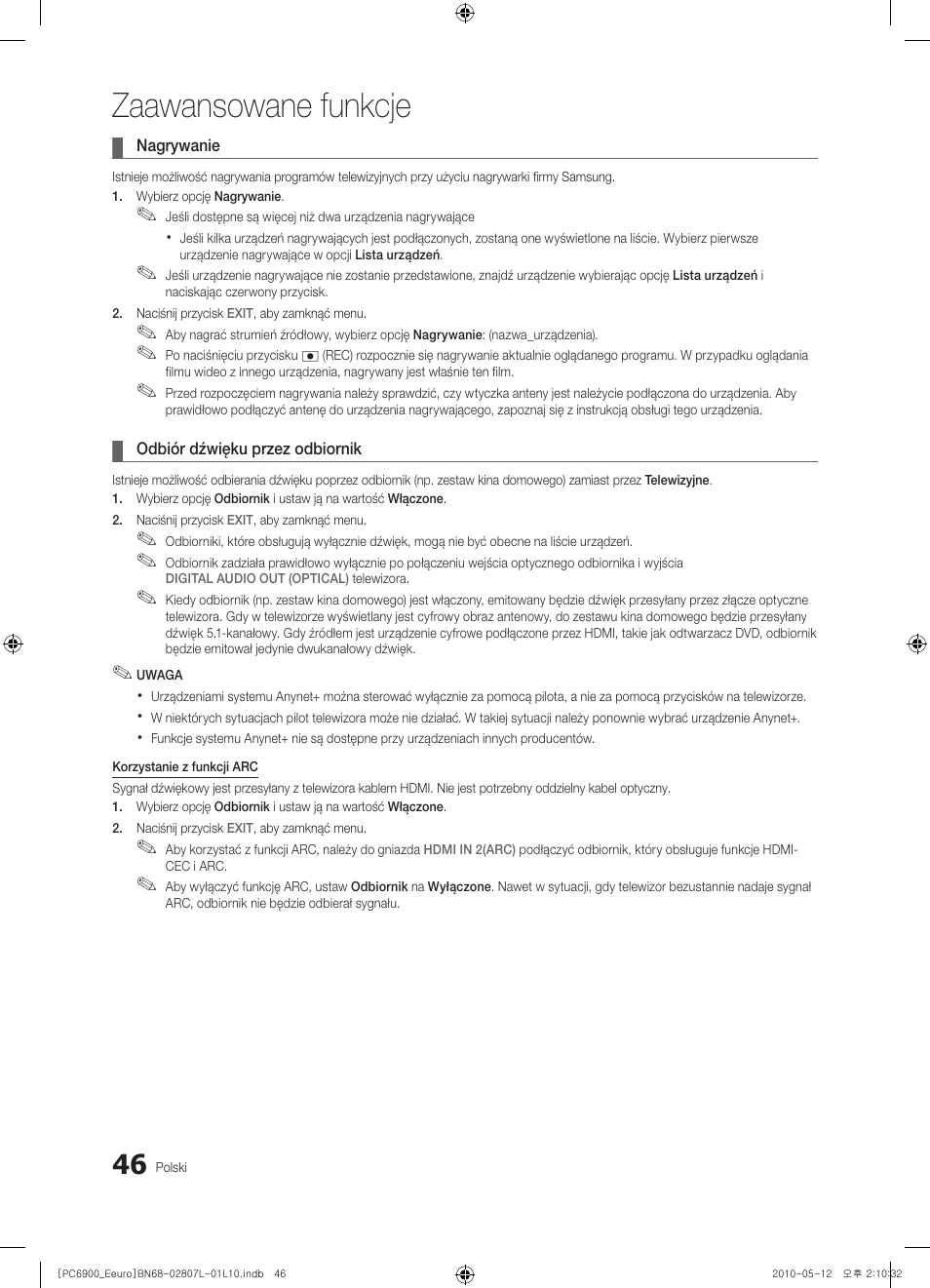 Zaawansowane funkcje | Samsung PS50C6900YW User Manual | Page 170 / 620
