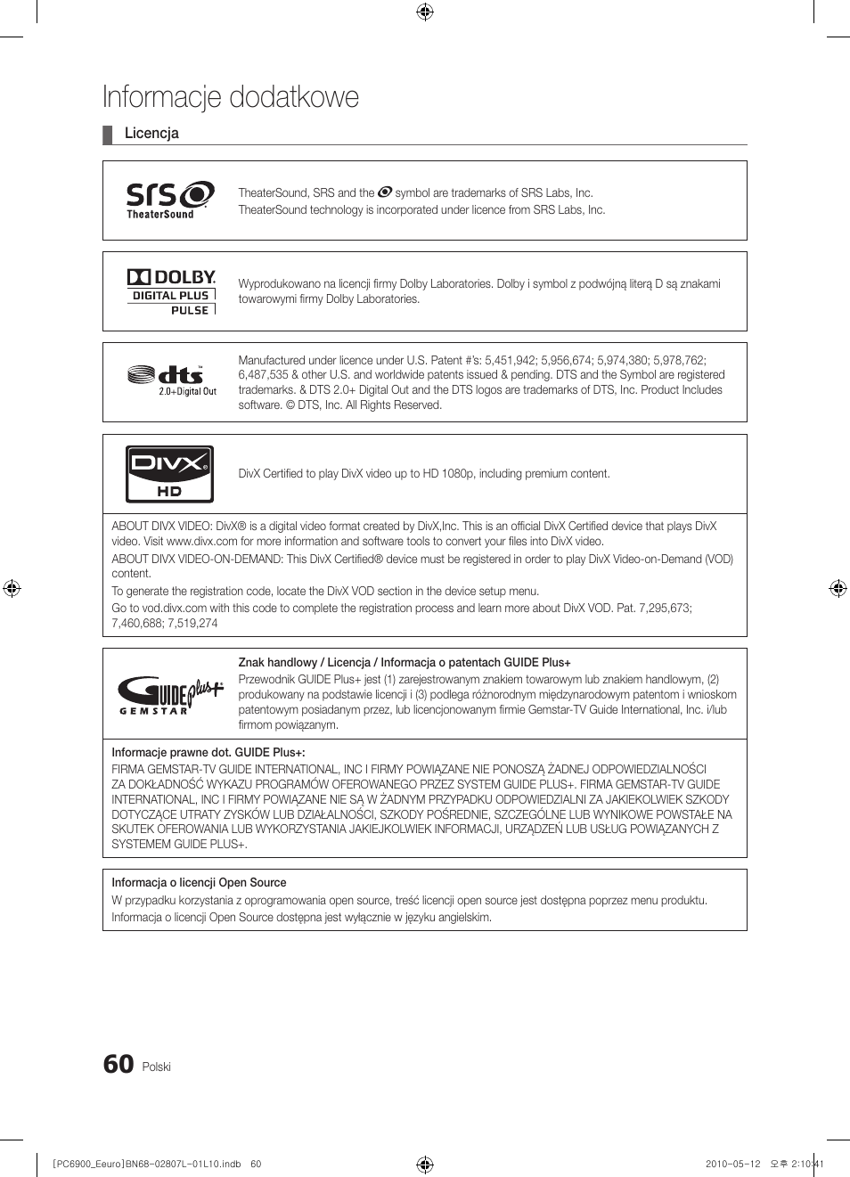 Informacje dodatkowe | Samsung PS50C6900YW User Manual | Page 184 / 620