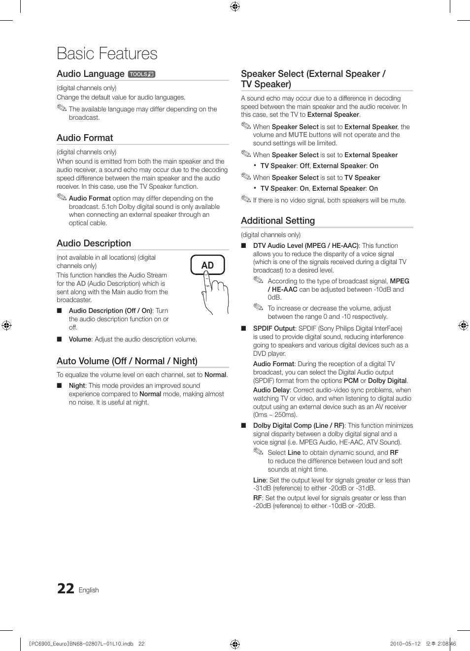 Basic features | Samsung PS50C6900YW User Manual | Page 22 / 620