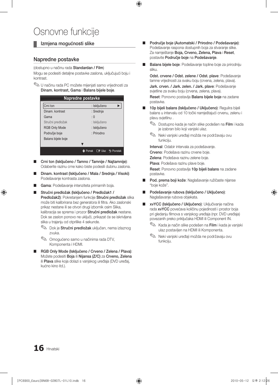 Osnovne funkcije, Napredne postavke | Samsung PS50C6900YW User Manual | Page 326 / 620