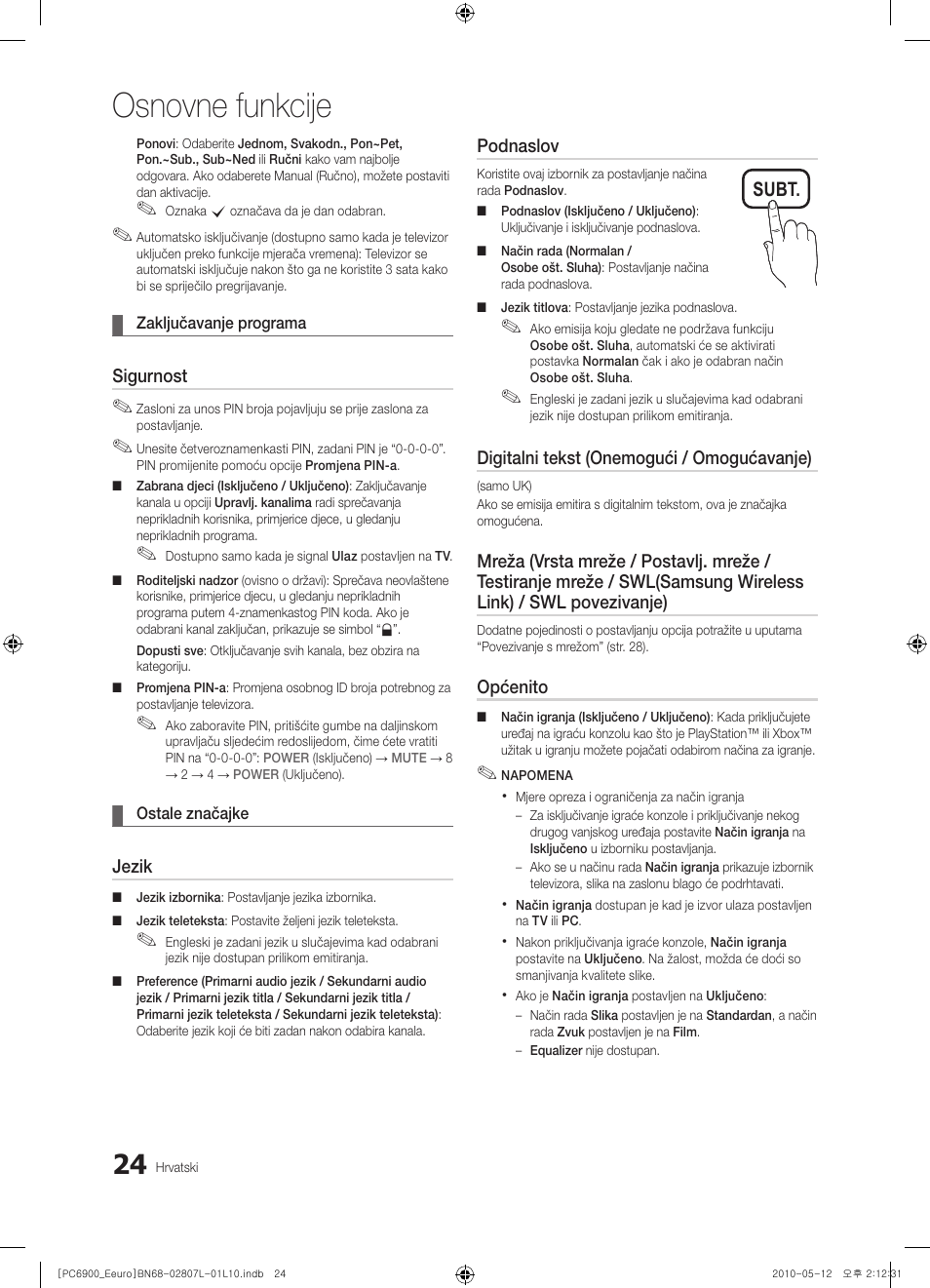 Osnovne funkcije, Subt | Samsung PS50C6900YW User Manual | Page 334 / 620