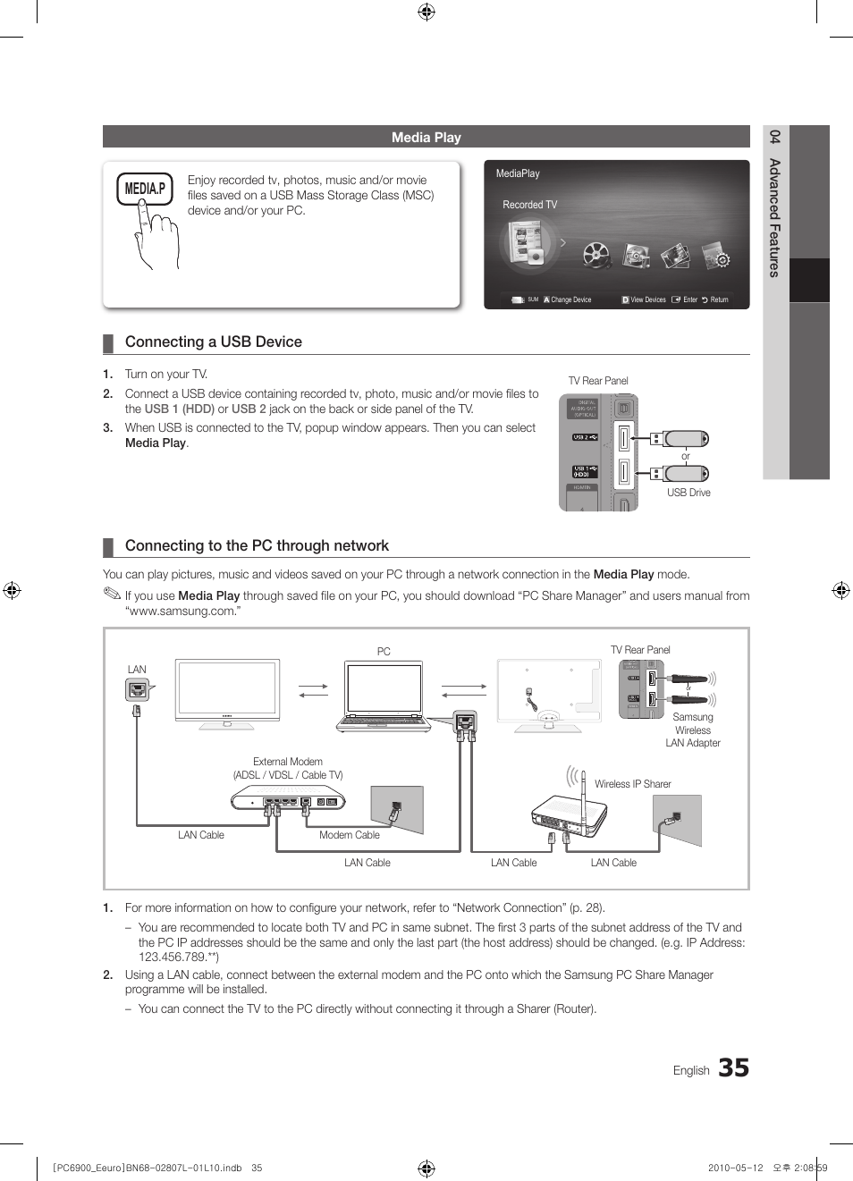 Media.p, Connecting a usb device, Connecting to the pc through network | Samsung PS50C6900YW User Manual | Page 35 / 620