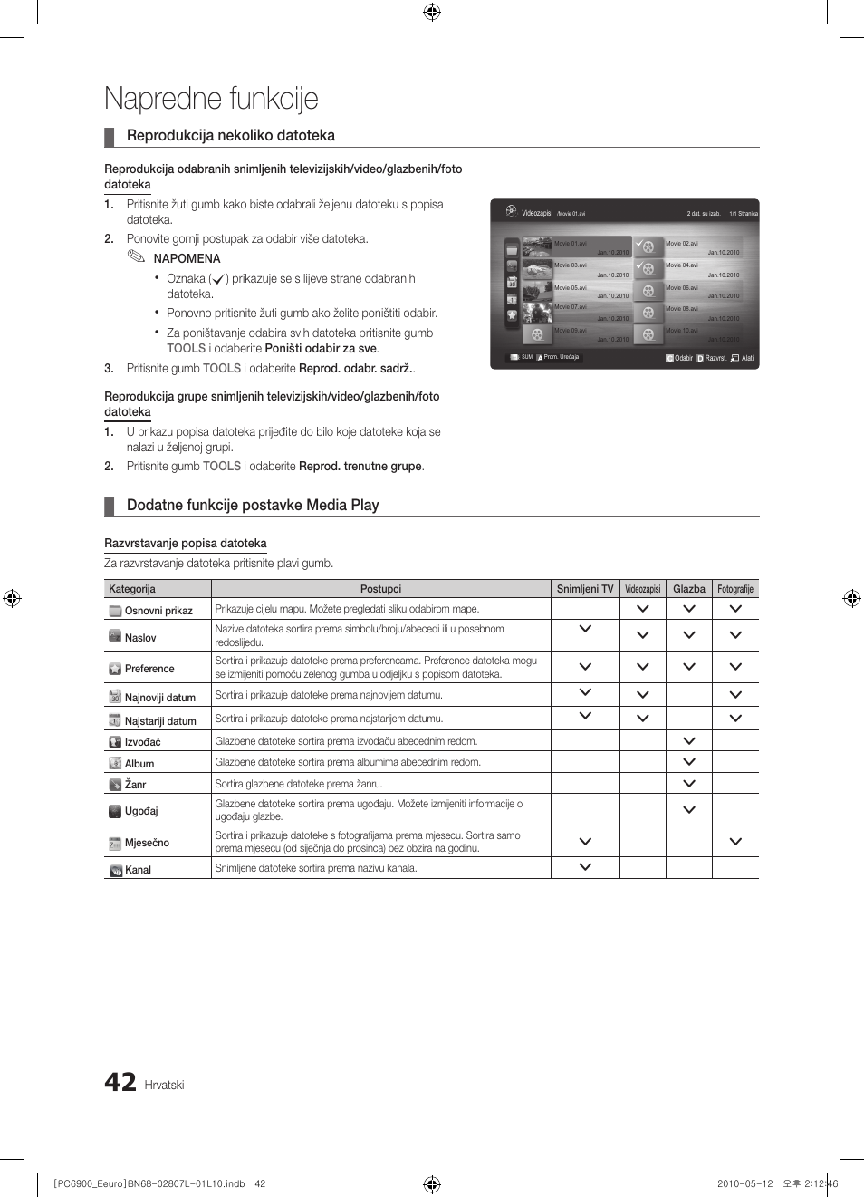Napredne funkcije, Reprodukcija nekoliko datoteka, Dodatne funkcije postavke media play | Samsung PS50C6900YW User Manual | Page 352 / 620