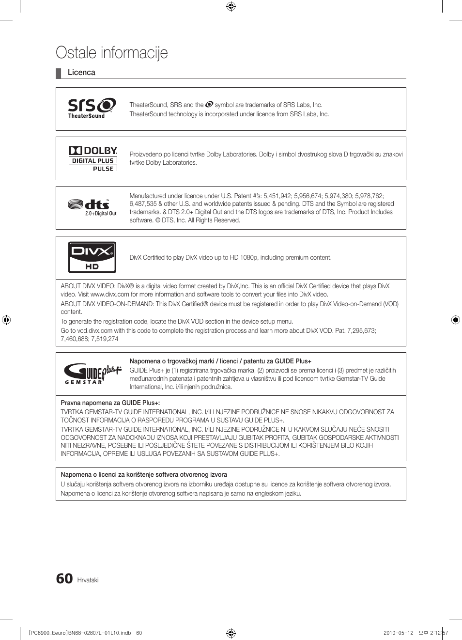 Ostale informacije | Samsung PS50C6900YW User Manual | Page 370 / 620